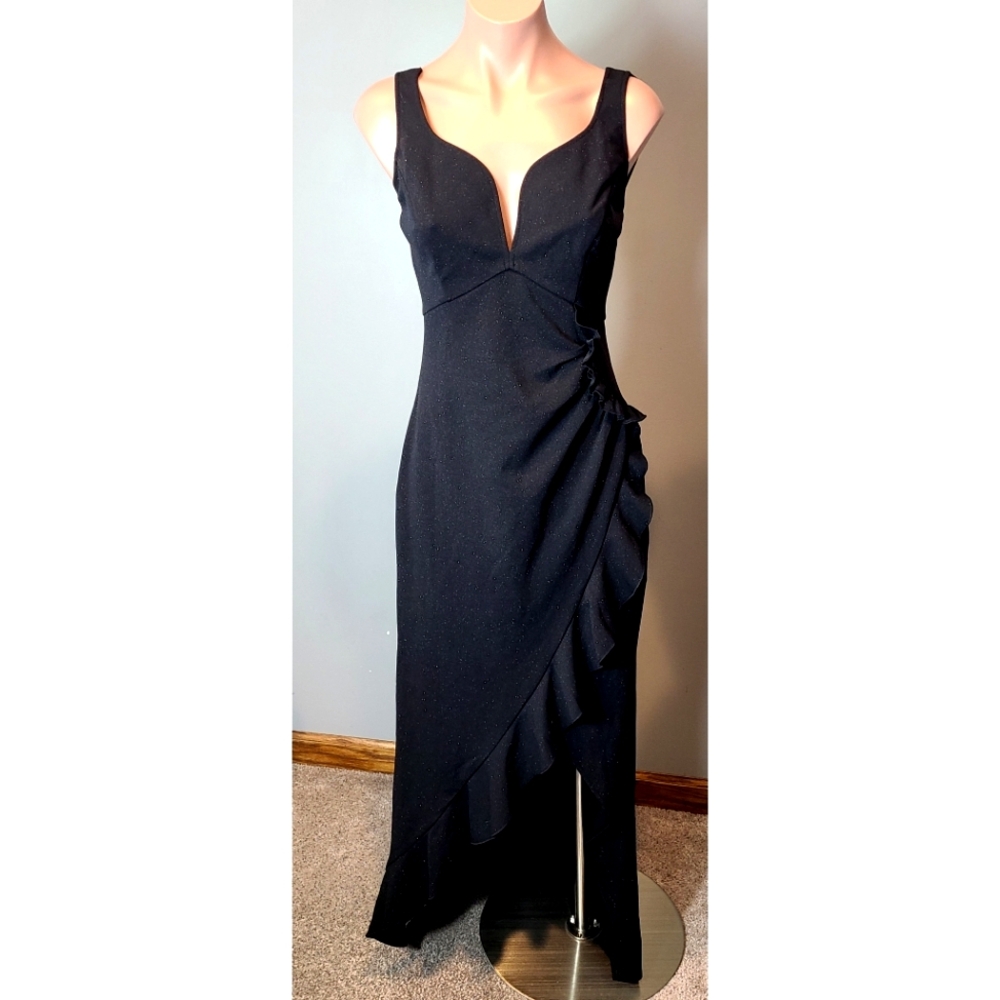 Black Sparkle Ruffle Slit Long Maxi Dress XS New Hoco Prom Elegant Whimsigoth